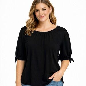 Loft Navy Blue Top with Textured Fabric and Bow Accents on the sleeves. EUC